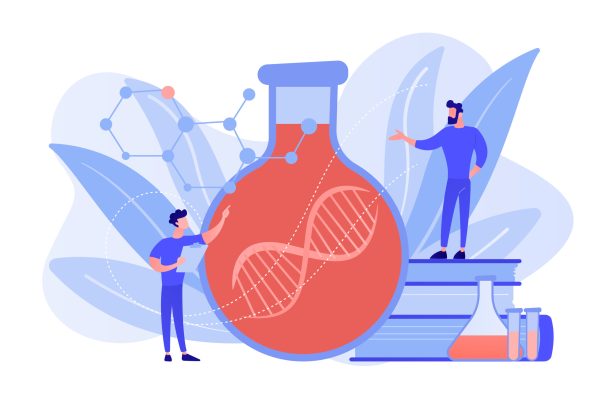 Scientists in lab working with huge DNA chain in the glass bulb. Gene therapy, gene transfer and functioning gene concept on white background. Pinkish coral bluevector isolated illustration