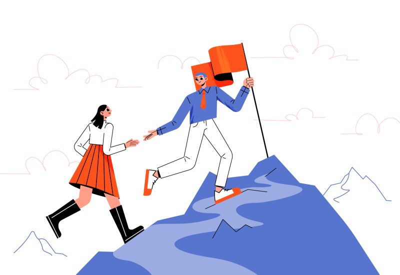 Business character leader help colleague climb rock top. Man and woman team on mountain peak with flag. Successful career, goal achievement, leadership, teamwork. Cartoon people vector illustration