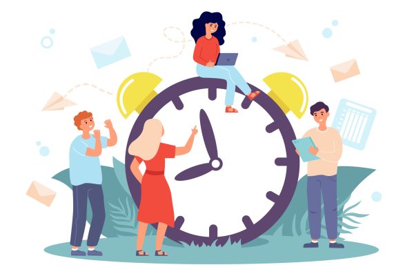 Tiny people sitting on huge clock isolated flat vector illustration. Cartoon multitasking men and women working at morning. Time management and business concept